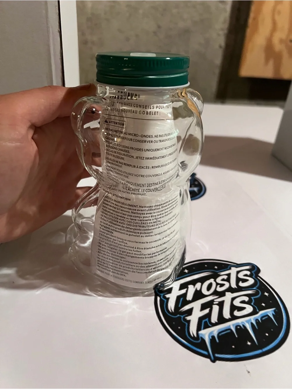 Starbucks Clear Bear-Shaped Glass Bottle with Green Cap and Green-White Straw